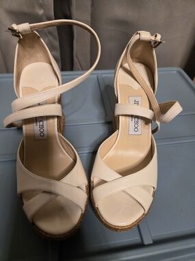 Jimmy Choo Cream Leather Espadrille Wedge Sandals